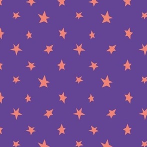 Small scale // Salmon orange pointed stars over daisy bush purple solid // coordinate