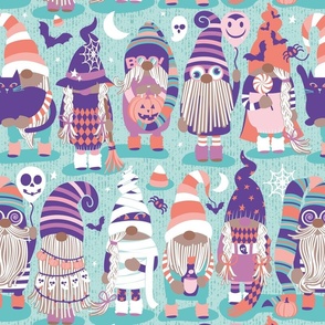 Normal scale // Boo-tiful gnomes // aqua background fun little creatures dressed for halloween in pastel colors lilac pink mint aqua purple salmon