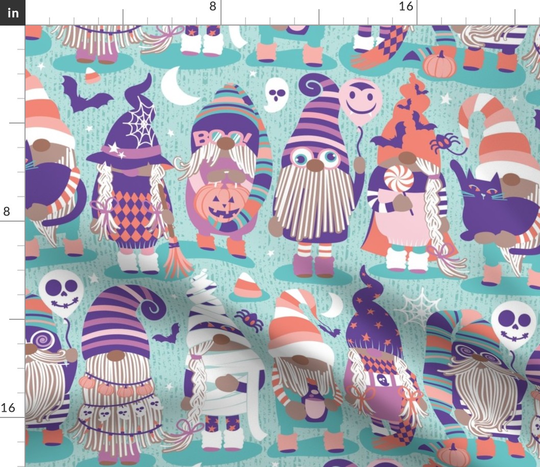 Normal scale // Boo-tiful gnomes // aqua background fun little creatures dressed for halloween in pastel colors lilac pink mint aqua purple salmon