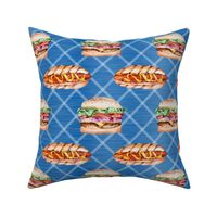Large Scale Hamburgers and Hotdogs on Blue Diagonal Plaid Burgers and Dogs