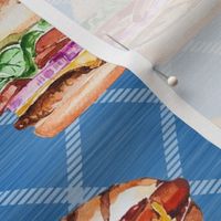 Large Scale Hamburgers and Hotdogs on Blue Diagonal Plaid Burgers and Dogs