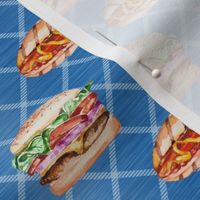 Medium Scale Hamburgers and Hotdogs on Blue Diagonal Plaid Burgers and Dogs