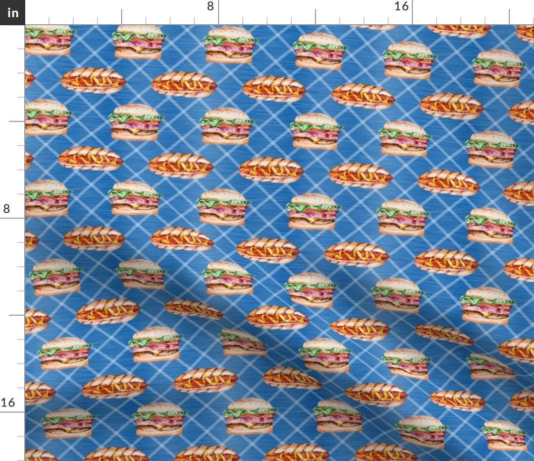 Medium Scale Hamburgers and Hotdogs on Blue Diagonal Plaid Burgers and Dogs