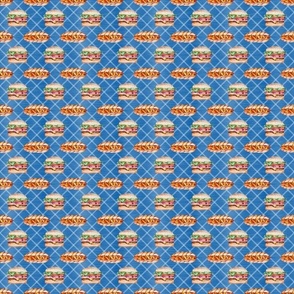 Small Scale Hamburgers and Hotdogs on Blue Diagonal Plaid Burgers and Dogs