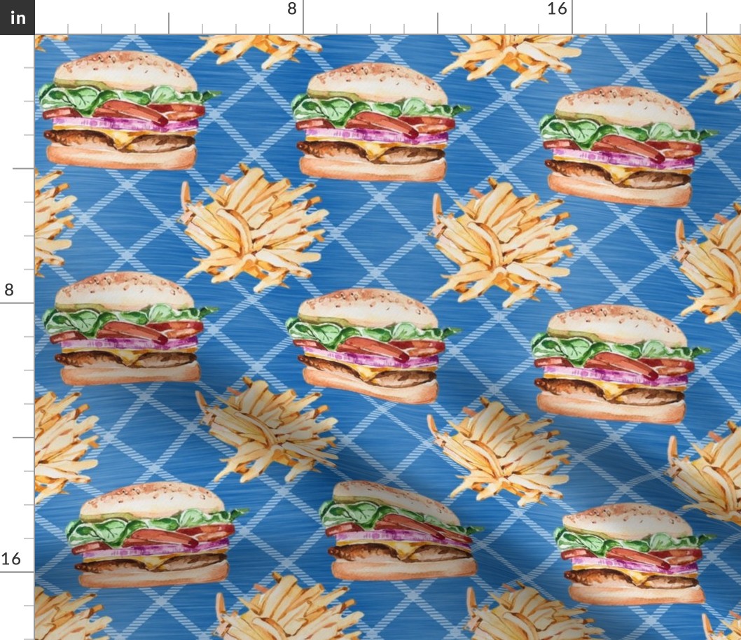 Large Scale Burgers and Fries on Blue Diagonal Plaid Junk Food