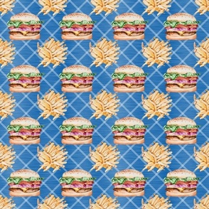 Medium Scale Burgers and Fries on Blue Diagonal Plaid Junk Food