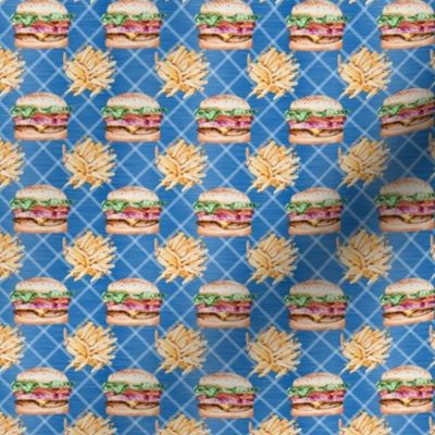 Small Scale Burgers and Fries on Blue Diagonal Plaid Junk Food