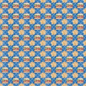 Small Scale Burgers and Fries on Blue Diagonal Plaid Junk Food