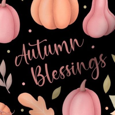 Large Scale Autumn Blessings Fall Pumpkins Gourds Flowers Leaves on Black