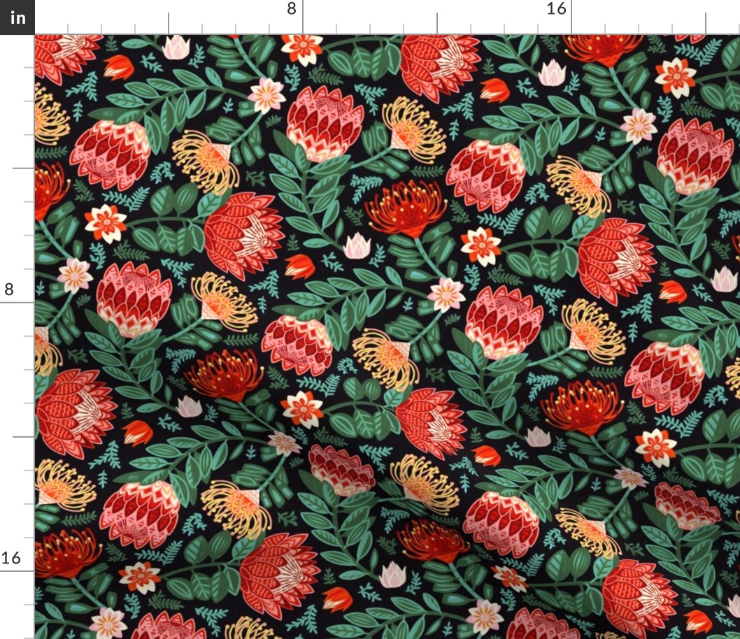 Non-Directional Protea Chintz - Pine Green - Medium Scale