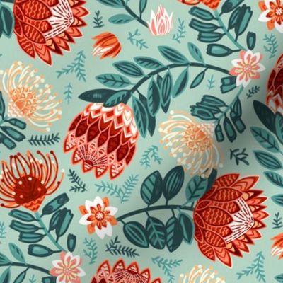 Non-Directional Protea Chintz - Mint & Crimson - Medium Scale