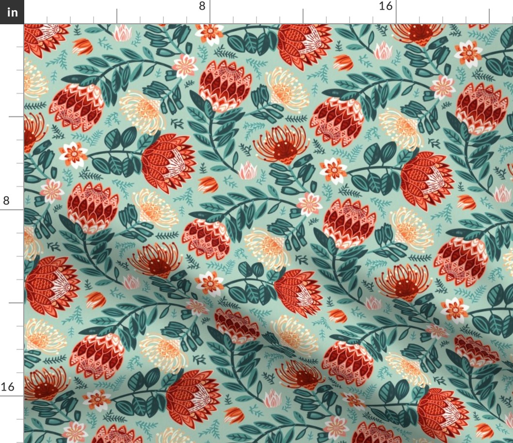 Non-Directional Protea Chintz - Mint & Crimson - Medium Scale