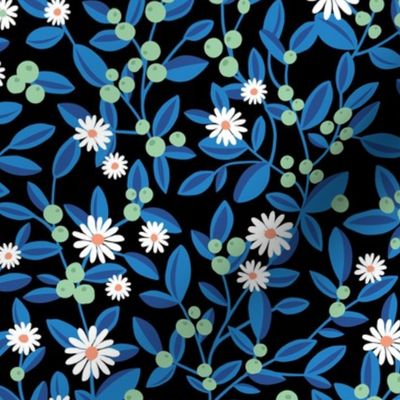 Fruit and daisies botanical winter garden berries lime and leaves branches winter wonderland mint green classic blue on black 