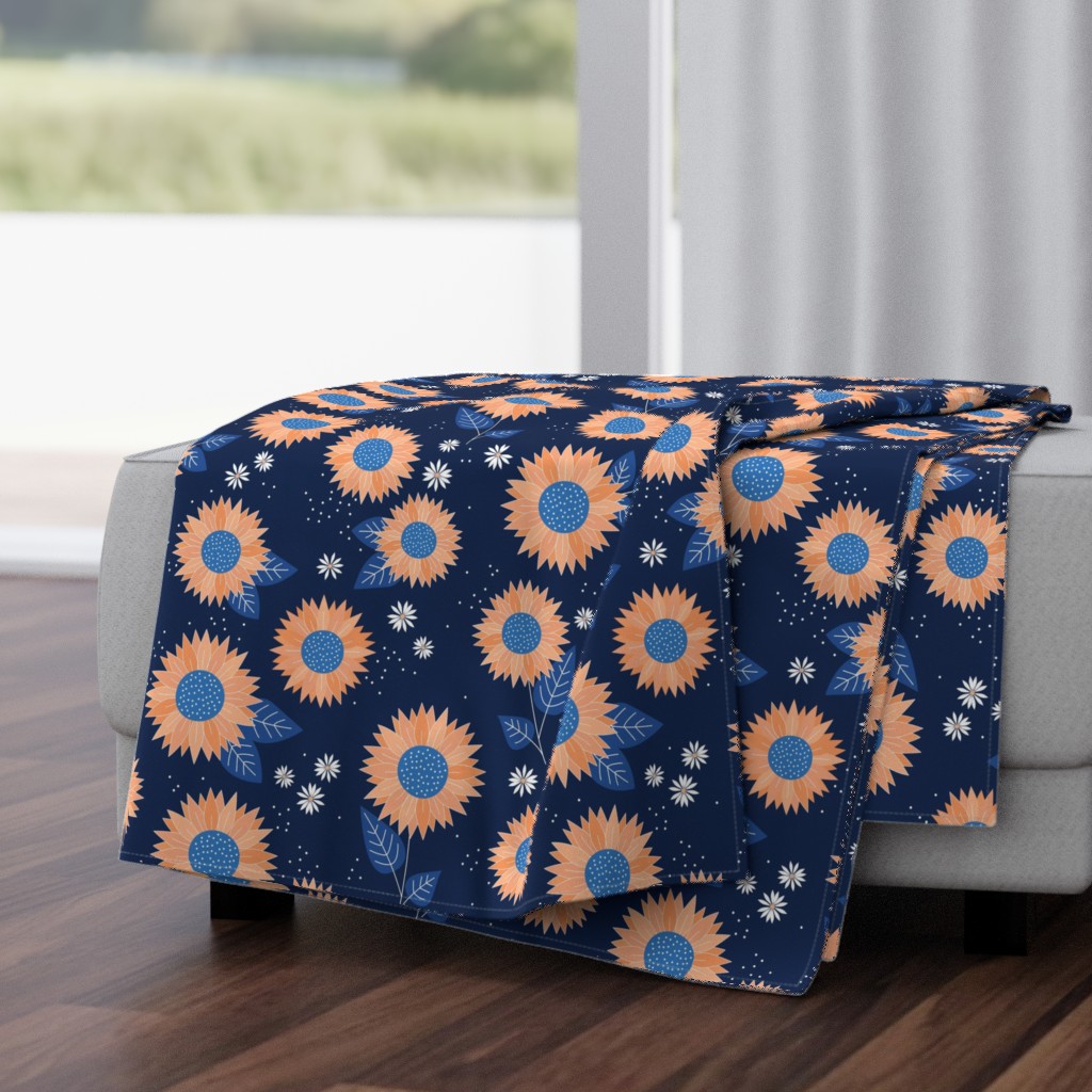 Indian summer sunflowers leaves and daisies orange classic blue on navy JUMBO