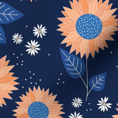 Indian summer sunflowers leaves and daisies orange classic blue on navy JUMBO