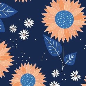 Indian summer sunflowers leaves and daisies orange classic blue on navy JUMBO