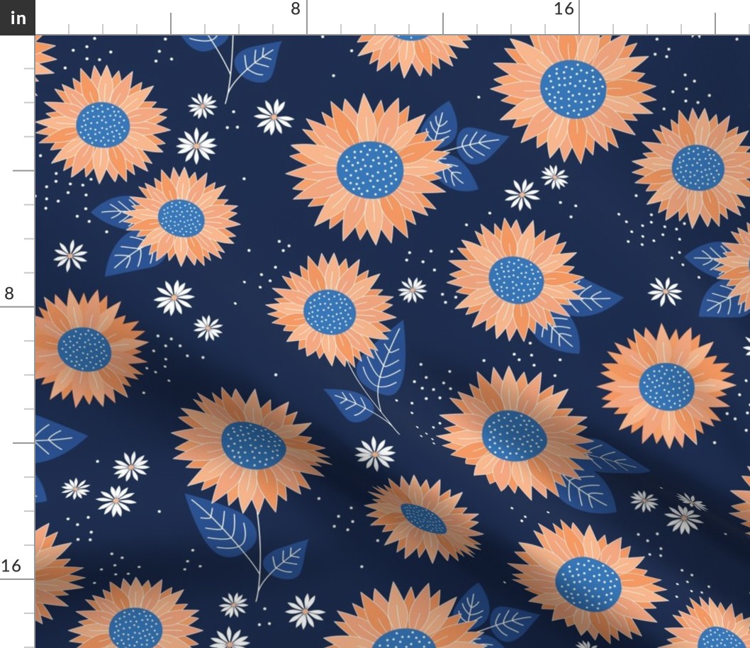 Indian summer sunflowers leaves and daisies orange classic blue on navy JUMBO