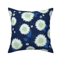Indian summer sunflowers leaves and daisies pastel mint green on navy JUMBO