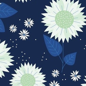 Indian summer sunflowers leaves and daisies pastel mint green on navy JUMBO