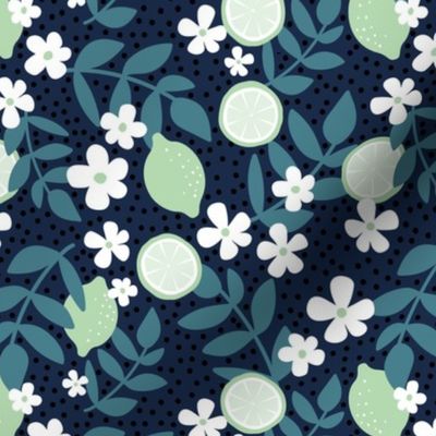 Summer harvest lime daisies and branches blossom garden mint green teal blue moody night 