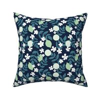 Summer harvest lime daisies and branches blossom garden mint green teal blue moody night 