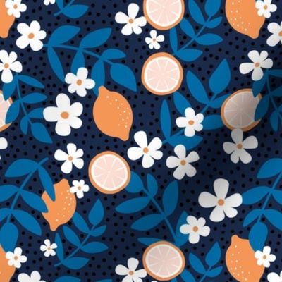 Summer harvest oranges daisies and branches blossom garden orange classic blue on navy winter night