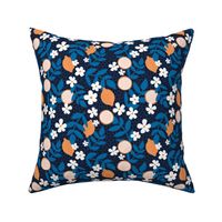 Summer harvest oranges daisies and branches blossom garden orange classic blue on navy winter night