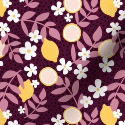 Summer harvest lemons daisies and branches blossom garden yellow pink on burgundy plum fall