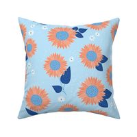 Indian summer sunflowers leaves and daisies classic blue orange on baby blue JUMBO