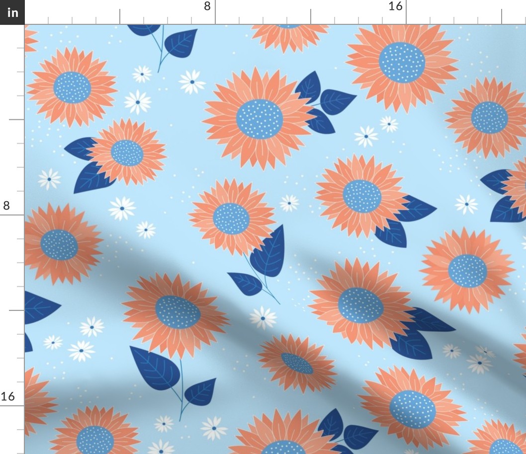 Indian summer sunflowers leaves and daisies classic blue orange on baby blue JUMBO