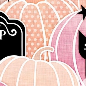 Pastel Halloween Extra Large-Pumpkin Patch with Bats, Skeletons, Black Cats, Ghosts and Stars- Pink, Peach and Black- Soft Colors- Baby Girl- Large Scale- Home Decor- Wallpaper