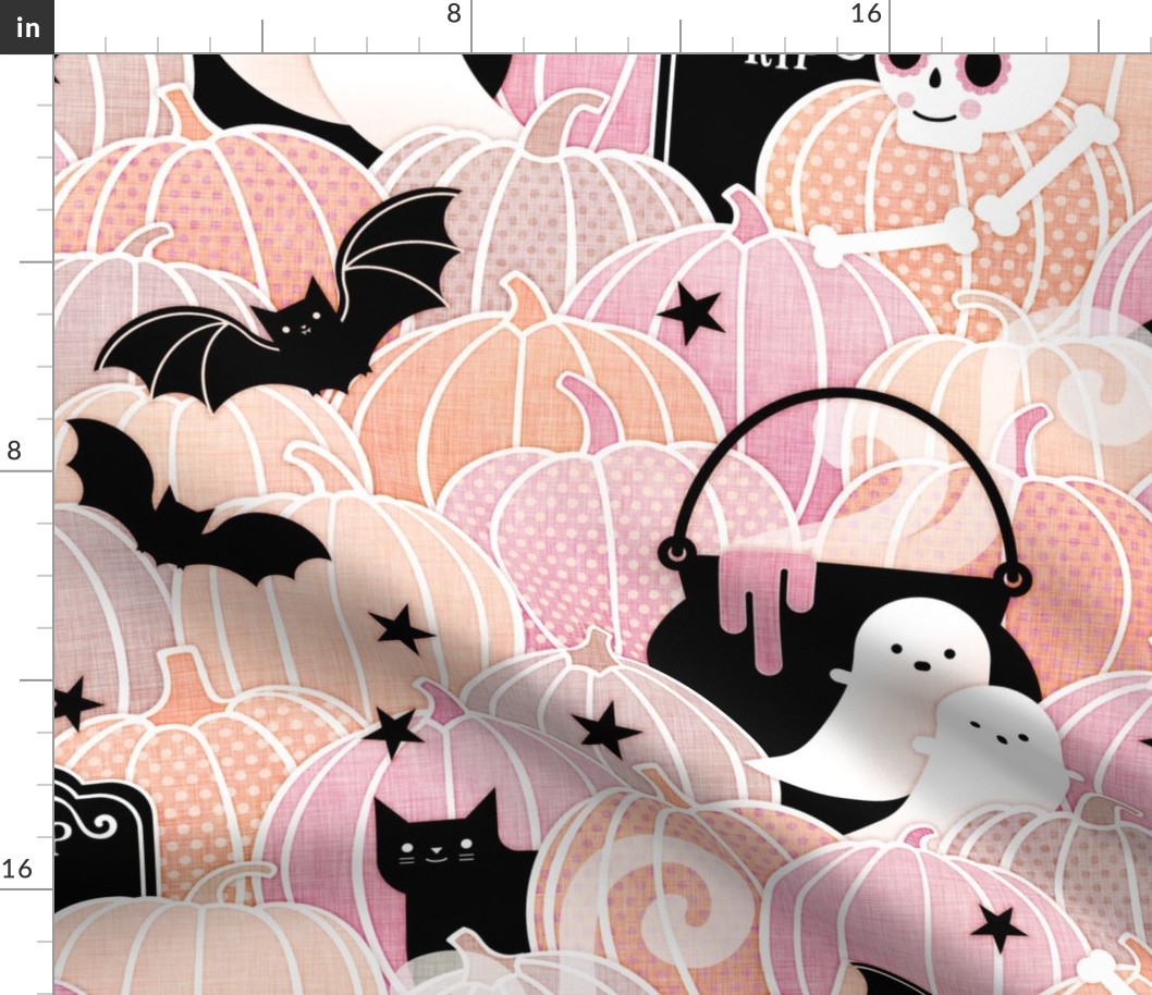 Pastel Halloween Large-Pumpkin Patch with Bats, Skeletons, Black Cats, Ghosts and Stars- Pink, Peach and Black- Soft Colors- Baby Girl- Large Scale- Home Decor- Wallpaper