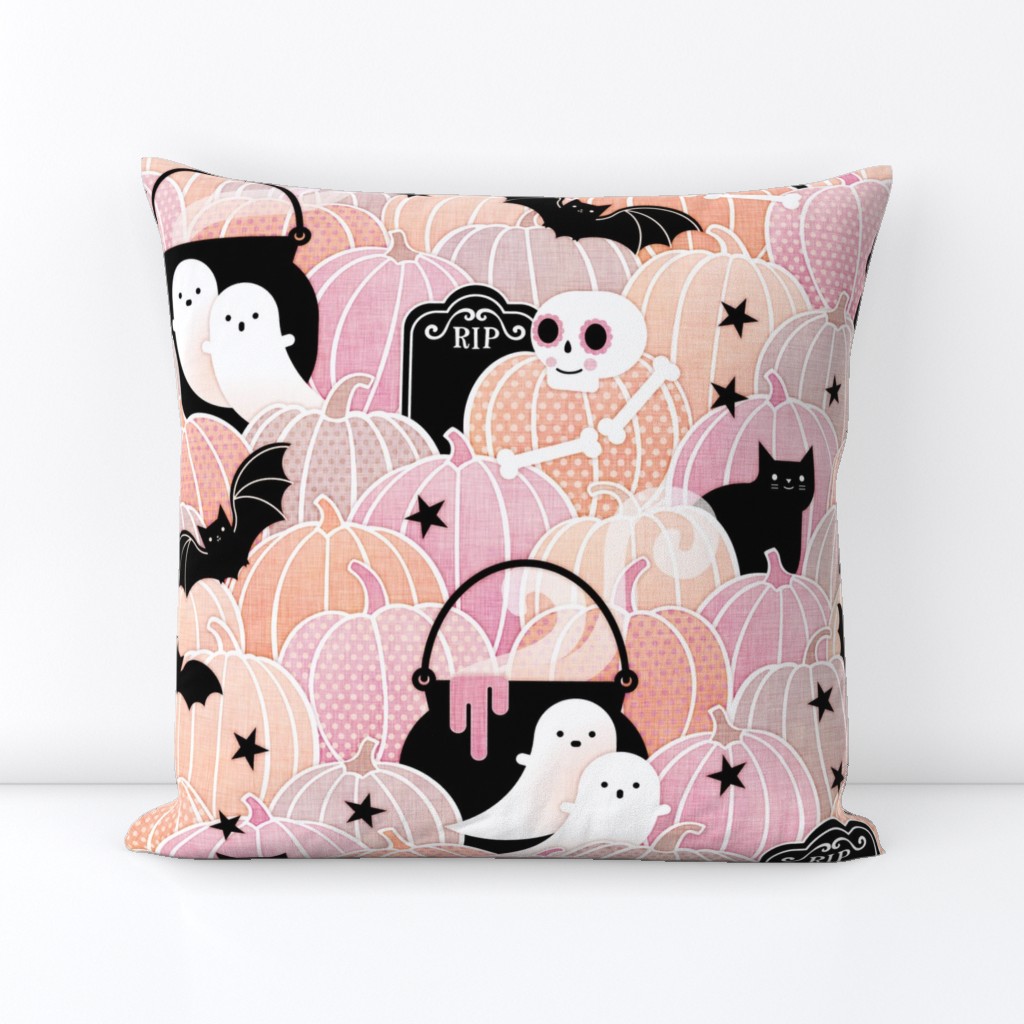 Pastel Halloween Medium-Pumpkin Patch with Bats, Skeletons, Black Cats, Ghosts and Stars- Pink, Peach and Black-Cat- Soft Colors- Baby Girl