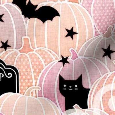Pastel Halloween Medium-Pumpkin Patch with Bats, Skeletons, Black Cats, Ghosts and Stars- Pink, Peach and Black-Cat- Soft Colors- Baby Girl