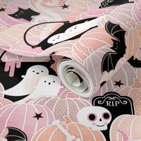 Pastel Halloween Medium-Pumpkin Patch with Bats, Skeletons, Black Cats, Ghosts and Stars- Pink, Peach and Black-Cat- Soft Colors- Baby Girl