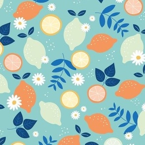 Fruit cocktail with citrus fruits lime oranges and lemons orange mint blue