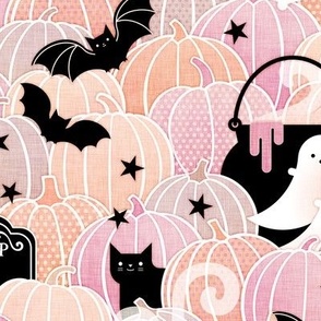 Pastel Halloween Small- Pumpkin Patch with Bats, Skeletons, Black Cats, Ghosts and Stars- Pink, Peach and Black- Soft Colors- Baby Girl- Small Scale
