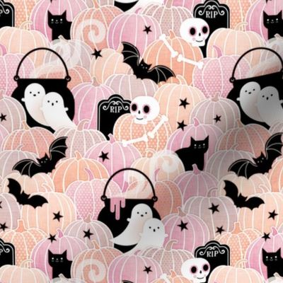 Pastel Halloween Mini- Pumpkin Patch with Bats, Skeletons, Black Cats, Ghosts and Stars- Pink, Peach and Black- Soft Colors- Baby Girl- Small Scale
