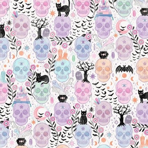 Pastel candy skulls with cats, bats, and witchy things - halloween, bone -  large