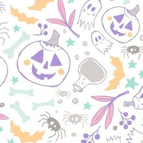 Cute Pastel Halloween Pumpkins Skulls and Ghosts