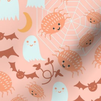 Boho Halloween in Peach Yellow with Pumpkins, Spiders, Bats and moon