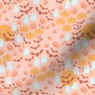 Small Boho Halloween in Peach Yellow with Pumpkins, Spiders, Bats and moon