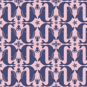 Humpback Whale Song with Starfish, Jellyfish, & Octopus in Navy on Pink, medium, ROTATED