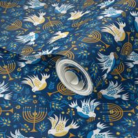 Hanukkah Birds Navy Ditsy: Happy Hanukkah Collection, Menorah, Star of David, Jewish Festival of Lights - L
