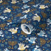 Hanukkah Birds Navy Ditsy: Happy Hanukkah Collection, Menorah, Star of David, Jewish Festival of Lights - L