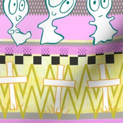 Sweet Halloween Ghost-ies -- Pastel Halloween Stripes with Ghosts and Graves in Pastels -- Pastel Pink, Yellow, Green -- 208dpi (72% of Full Scale)