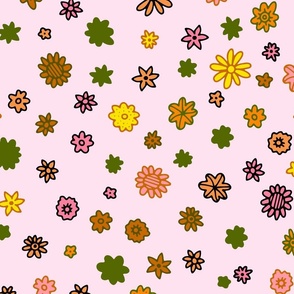 ditzy flowers - pink and green, black outline