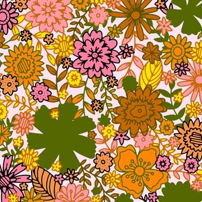retro flower field - pink and green, black outline