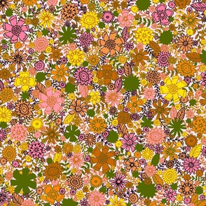 small scale retro flower field - pink and green, black outline