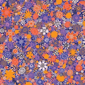 small scale retro flower field - indigo and orange